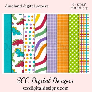 Op de afbeelding: Set van zes digitale papieren met dinosaurussen en geometrische patronen. De patronen omvatten turquoise blauw, groen, rood, oranje, geel, paars, wit en zwart. De papieren zijn 30,48 cm bij 30,48 cm en 300 dpi.