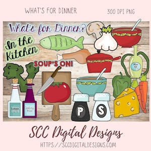 Groceries Clipart for Digital and Printable Stickers for Kids, Wordart for Scrapbooking Elements, What&#39;s for Dinner Food Clip Art & Word Art