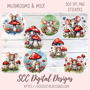 Cute Mice PNG Stickers for Digital & Paper Planners, Mushroom Mouse Decal Printable Pre-Cropped Clipart, Animal Drawings for Junk Journaling