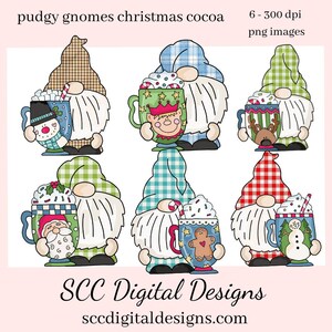 Pudgy Gnome Christmas Cocoa Clipart Set, Gnomos, Santa, Reno, PNGs de chocolate, Descarga instantánea, Uso comercial, Clip Art PNG, Dig Scrap