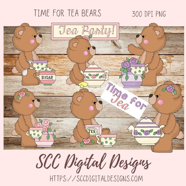 Whimsical Bear Clipart, Time for Tea PNG Designs for Stickers & Printables, Teapots Tea Cups Wordart for Sublimation Tumblers, Scrapbooking