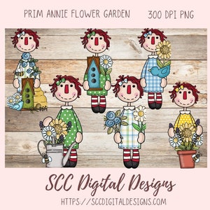 Puede incluir: Seis ilustraciones de chicas pelirrojas vestidas con diferentes atuendos y sosteniendo flores, una casita para pájaros, una regadera y una planta en maceta. Las ilustraciones están sobre un fondo de madera.