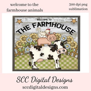 Bienvenido a la granja Animales Clipart, Vaca, Cerdo, Pollo, Girasol, Decoración del hogar de bricolaje, Descarga instantánea, Uso comercial, Conjunto de imágenes prediseñadas