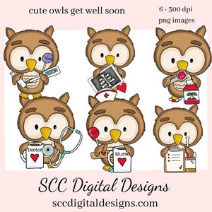 Get Well Soon Cute Owls Clipart - Hibou avec tasse d’infirmière et de médecin, thermomètre, radiographie, créer des tasses, des t-shirts, des cartes de vœux ou des étiquettes Feel Better