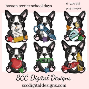 Boston Terrier School Days clipart, giz de cera, cola, boletim escolar, maçã, lápis, download instantâneo, uso comercial, clip art PNG, Digi Scrap