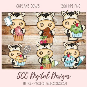Cupcake Cows Clipart, caprichosa vaca blanca y negra PNG para pegatinas para niños, invitaciones a fiestas de cumpleaños DIY para niñas, elementos de álbum de recortes