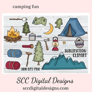 Clipart de sublimação divertido para acampamento - Elementos de álbum de recortes - Criar imprimíveis para campistas - Canecas de acampamento DIY e cenas de copo