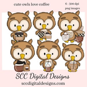 Les hiboux mignons aiment le clipart du café - Hibou avec un café au lait et une tasse à café, créez des tasses, des gobelets, des t-shirts, des cadeaux d’amoureux du barista, java house wall art