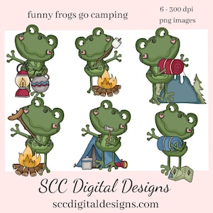 Funny Frogs Go Camping, Frog Clipart, Frog with Sleeping Bag, Tent, Campfire, & Smores, Create Camper Decor, Mugs, T-Shirts, Glamper Signs image 1