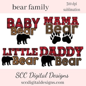 Bear Family Sublimation Clipart - Mama, Baby, Little, Daddy Buffalo Plaid Bears - Maak Mokken, Tumblers, T-Shirts, Hoodies & Meer