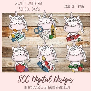 May include: Six digital illustrations of a white unicorn with a pink nose and pink cheeks holding various school supplies. The unicorn is holding a pencil, glue, scissors, a report card, a yellow crayon, a red crayon, an apple, a paintbrush, a blue crayon, and a green crayon. The background is a woodgrain pattern.