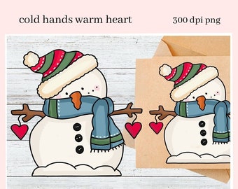 Snowman PNG, Cold Hands Warm Heart Clipart, Knit Hat, Scarf, Red Hearts, DIY Gift for Her, Instant Download, Commercial Use Clip Art