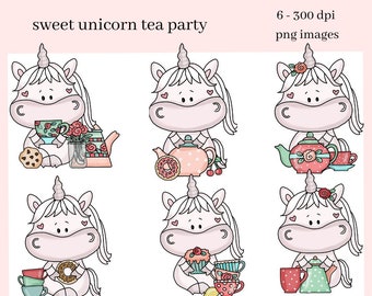 Sweet Unicorn Tea Party Clipart - Unicorn with Tea Cup, Tea Pot, Flowers and Cookies, Create Kitchen Towels, T-Shirts, Mugs & More!