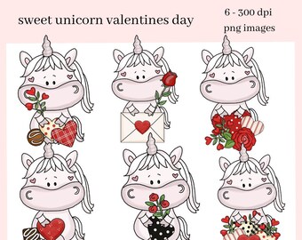 Unicorn Clipart PNG, Roses, Chocolate Candies, Hearts, Clip Art for Girls, Clipart for Stickers, Valentine's PNG File, Commercial Use Art