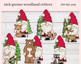 Santa Gnome PNG, Woodland Critters, Bear, Fox, Bunny, Racoon, Reindeer, Mouse, DIY Gift for Her, Exclusive Clipart, Commercial Use Clip Art