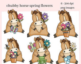 Chubby Horse Spring Flowers Clipart, Butterflies, Frog, Blue Bird, Farmhouse Decor, Instant Download, Commercial Use, Exclusive Clip Art Set