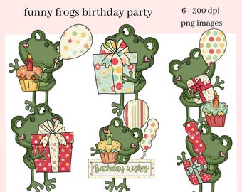 Funny Frogs Birthday Party Clipart, Frog with Presents, Balloons, Cupcakes, Create Greeting Cards, Tags, Mugs, Tumblers, Frog Lover Gifts