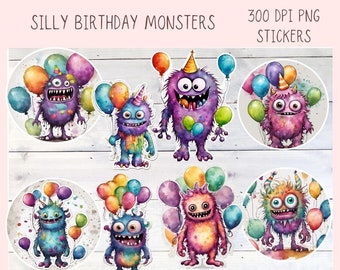 Cute Monsters Clipart Stickers for Digital & Paper Planners, Birthday PNG PreCropped Colorful Creatures for Kids Sticker Books Party Invites