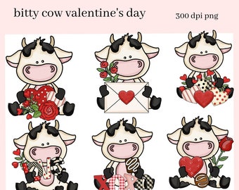 Valentine Cow PNG, Black White Cow, Valentine Clipart, Red Roses, Red Hearts, DIY Gift for Her, Instant Download, Commercial Use Clip Art