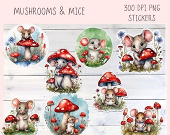 Cute Mice PNG Stickers for Digital & Paper Planners, Mushroom Mouse Decal Printable Pre-Cropped Clipart, Animal Drawings for Junk Journaling
