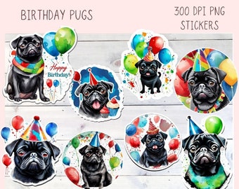 Pug Birthday Digital Stickers for Planners & Scrapbooking, Printable Stickers Paper Planner Accessories for Women, For Kids DIY Gift for Her