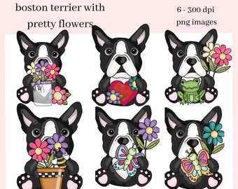 Boston Terrier Pretty Flowers Clipart, Dog with Spring Flowers, Butterflies, & Frogs, Create Kitchen Towels, T-Shirt, Mugs,  and Party Tags
