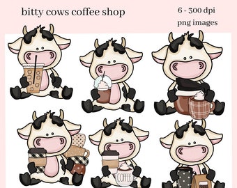 Bitty Cows Coffee Shop Clipart, Black and White Cows Java Cup, Create Kitchen Towels, Mugs, Tumblers, Kids T-Shirts, Farmhouse Decor