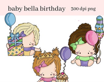 Baby Bella Birthday Digital Clipart - Create Kids Birthday Party Printables - Create Kid's T-Shirts, Hoodie - Balloon, Cupcake PNG
