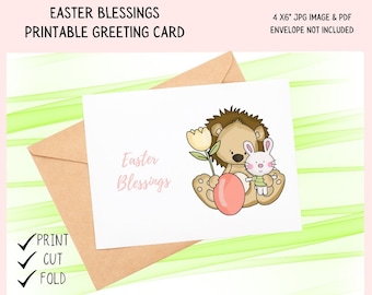 Printable Easter Card, Easter Blessings, Whimsical Art, Cute Lion Postcards, Bunny Cards, Print at Home Cards, DIY Gift Card, Blank Card PDF