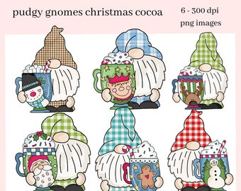 Pudgy Gnome Christmas Cocoa Clipart Set, Gnomes, Santa, Reindeer, Chocolate PNGs, Instant Download, Commercial Use, Clip Art PNG, Dig Scrap