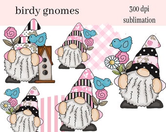 Birdy Gnomes Clipart - Blue Birds, Pink Flowers PNG - Create Mugs, Tumblers, T-Shirts, Hoodies, Greeting Cards, Gift Tags,  & More