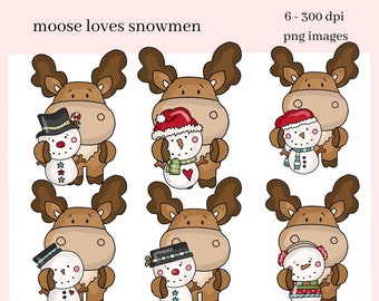 Moose PNG, Black Top Hat Snowman Clipart, Santa Hat Snowmen, DIY Gift for Her, Instant Download, Exclusive Clip Art Set, Commercial Use PNG