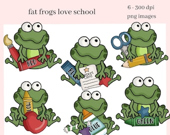 Fat Frogs Love School Clipart, Crayons, Glue, Report Card, Teacher Resources, Instant Download, Commercial Use, Exclusive Clip Art Set