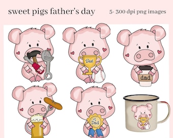 Sweet Pigs Father's Day Clipart, Pigs with Tools, No 1 Dad Sign, Beer and Brats PNGs, Create Greetings Cards or Tags for Dad and Grandpa