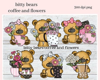 Bitty Bears Coffee and Flowers Clipart - Create Café Wall Decor, Barista Lovers Gifts, Mugs, Tumblers, T-Shirts, Printables, Java Lover Mug