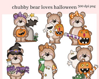 Chubby Bear Loves Halloween Clipart, Whimsical Bear, Ghost, Pumpkins, Candy,  DIY Home Decor, Instant Download, Commercial Use, Clip Art Set