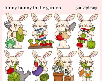 Funny Bunny in the Garden Clipart - Bunnies with Veggies, Seed Packets, & Gardening Tools - Create Kid's T-Shirts Hoodies and More!