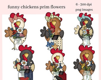 Funky Chicken Clipart For Sublimation, Colorful Chickens PNG For Stickers Tumbler Design for Women, Prim Flowers Clip Art, DIY Gift for Her