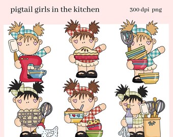 In the Kitchen PNG, Pigtail Girls, Eggs, Chicken, Utensils, DIY Gift for Her, Exclusive Clipart, Instant Download, Commercial Use Clip Art