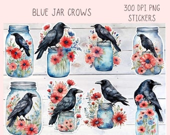 Crows and Blue Jars PNG Stickers for Digital & Paper Planners, Printable Pre-Cropped Clipart for Scrapbooking for Paper Planner Accessories