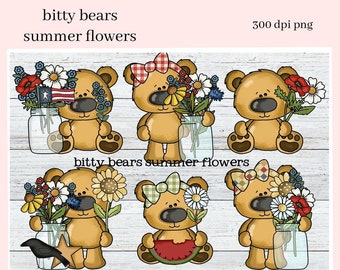 Bitty Bears Summer Flowers Clipart, Bear with Prim Flower, Create Kitchen Towels, Mugs, Tumblers, T-Shirts, Primitive Farmhouse Wall Art