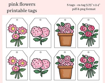 Printable Tags for Gift, Pink Flowers, Print at Home Cards, Greeting Card Printable, Tag for Baby Shower, Card for Birthday Instant Download