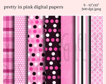 pink polka dot digital paper pack digital download, pink stripe digital scrapbook paper baby girl scrapbook pages printable, pink plaid