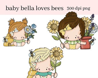 Baby Bella Loves Bees Digital Clipart - Create Kids Party Printables - Girl's T-Shirt, Hoodie PNG - Spring & Summer Clipart for Scrapbooking