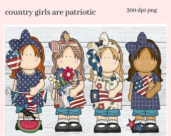 Country Girls Patriotic Clipart, Red White Blue Flags, Balloons, & Flowers, Instant Download, Commercial Use, Clip Art PNG, Digi Scrap