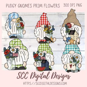 Pudgy Gnomes Love Prim Flowers Clipart, Gnome with Crows, Sheep, Salt Box Houses, Flowers, Primitive Wall Art Farmhouse Decor, Prim Lover