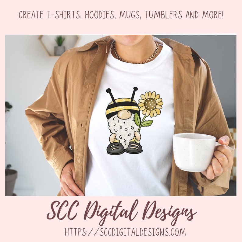 honey bee gnome png designs for cups, bumble bee gnome png files for kids shirts, sunflower gnome sublimation designs for shirts png clipart image 3