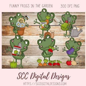 May include: A set of six digital illustrations of green frogs with different garden-themed accessories. The frogs are holding a bag of seeds, a trowel, a watering can, a fork, a bunch of carrots, and an eggplant. The illustrations are on a woodgrain background.