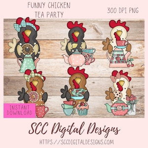 Funky Chickens Tea Party PNG, poulet coloré et théières, tasses à thé, desserts pour sublimation amateur de poulet, clipart pour autocollants cadeau bricolage