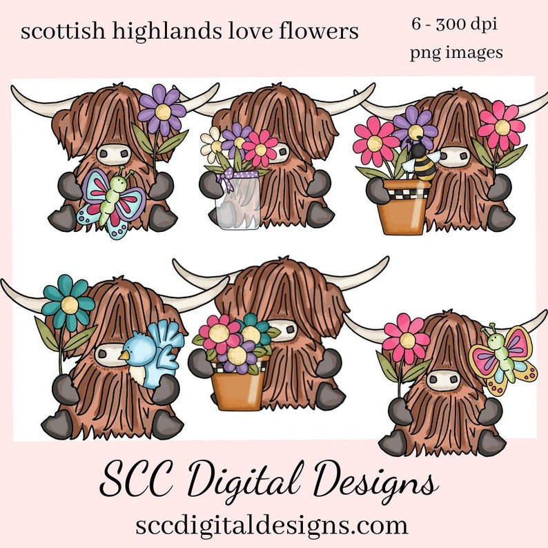 highland cow png designs for tumbler, cute cow png files for stickers, shaggy cow sublimation designs for shirts country clip art for crafts image 1